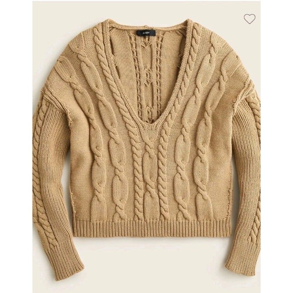 NEW J.Crew V-Neck Cable Knit Sweater Light Brown Cotton Blend BG681 Size M